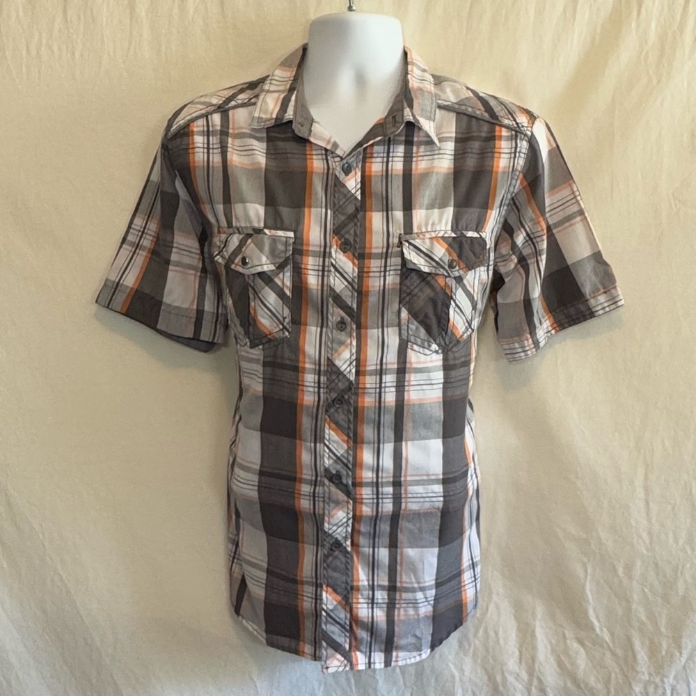 D-128 Men’s Rustic Blue Black Orange & White Plaid Short Sleeve Shirt Size L